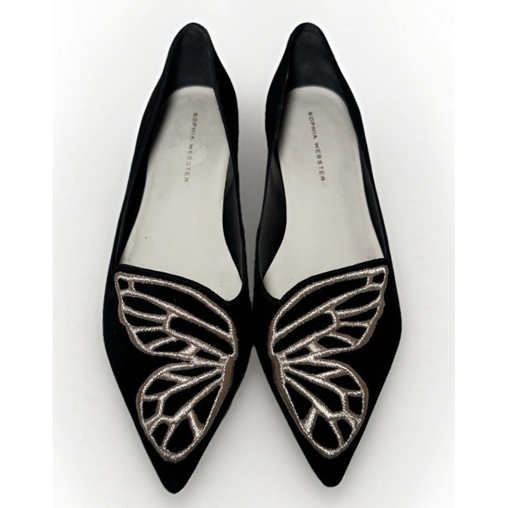Sophia Webster US 8 EU 38.5 Bibi Black Suede Ballet Flats Metallic Butterfly‎